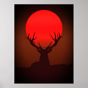 Póster Silueta de ciervo con puesta de sol roja ardiente