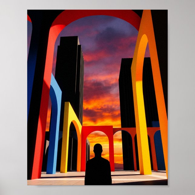 Póster "Silueta de ciudad al atardecer con arco geométric (Frente)