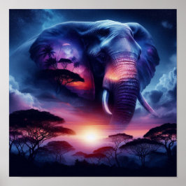 Póster Silueta de elefante al atardecer