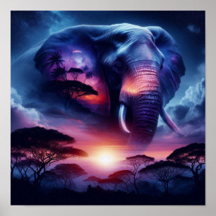 Póster Silueta de elefante al atardecer