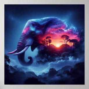 Póster Silueta de elefante fusionada con vibrante atardec