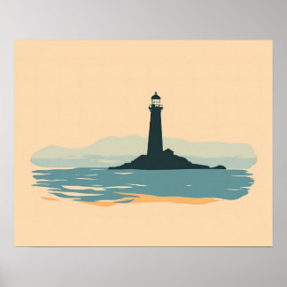 Póster Silueta de faro minimalista atardecer costero