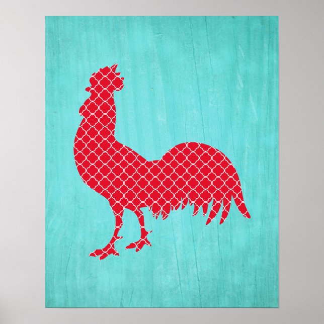 Póster Silueta de gallo con motivos rojos (Frente)