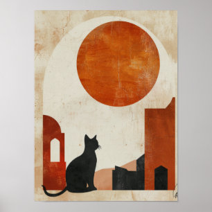 Póster Silueta de gato boho   Deco minimalista del sol ab