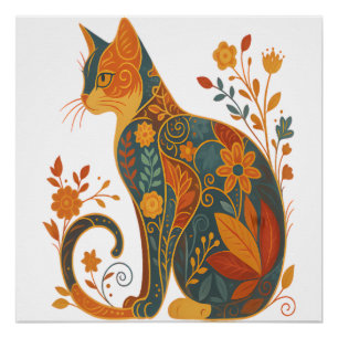 Póster Silueta de gato floral - Botánico vintage colorido