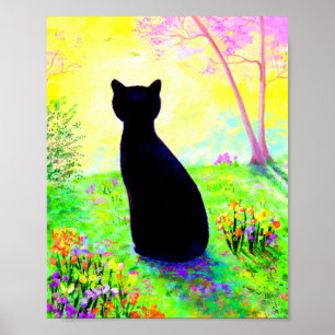 Póster Silueta de gato negro Flores Creacionarts