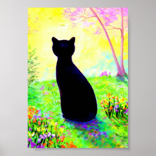 Póster Silueta de gato negro Flores Creacionarts