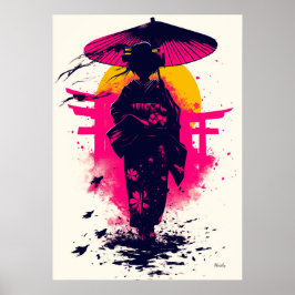 Póster Silueta de Geisha al Atardecer – Elegancia Tradici