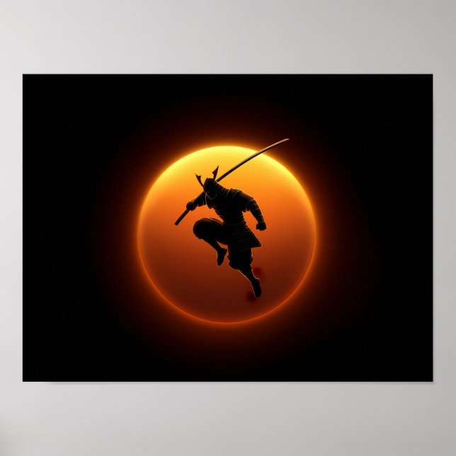 Póster Silueta de guerrero samurái contra sol naranja (Frente)