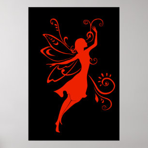 Póster Silueta de hada roja, elegante ala de fantasía