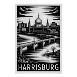 Póster Silueta de Harrisburg Pennsylvania en negro y blan
