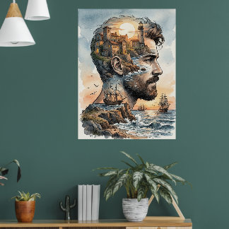 Póster Silueta de hombre de acuarela de doble exposición 