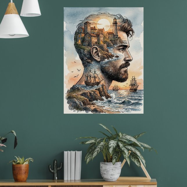 Póster Silueta de hombre de acuarela de doble exposición  (Salón 1)