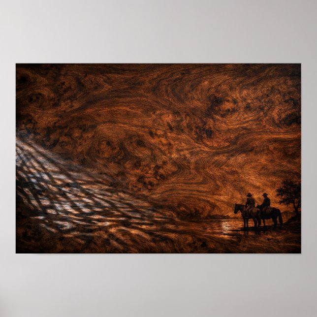 Póster Silueta de jinetes al atardecer (Frente)