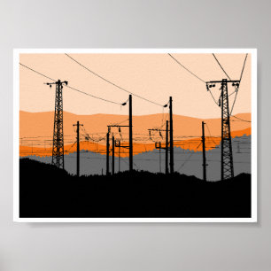 Póster Silueta de líneas eléctricas al atardecer industr