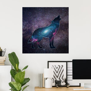 Póster Silueta de lobo aullador galáctico
