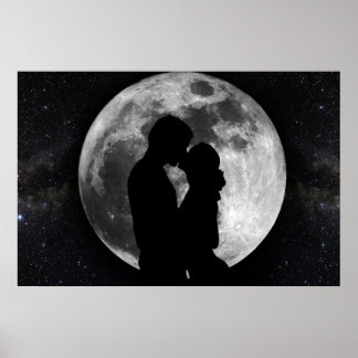 Póster Silueta de los amantes de la luna llena por la noc