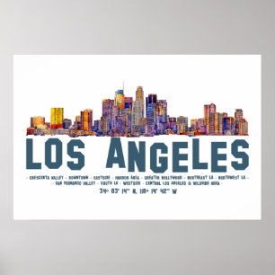 Póster Silueta de Los Ángeles. Nombres de áreas y Coorden