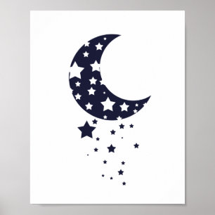 Póster Silueta de luna y estrellas en azul oscuro
