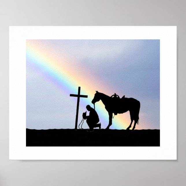 Póster Silueta de oración de vaquero con Poster arcoiris (Frente)