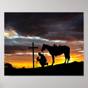 Póster Silueta De Oración De Vaquero Con Poster De Amanec
