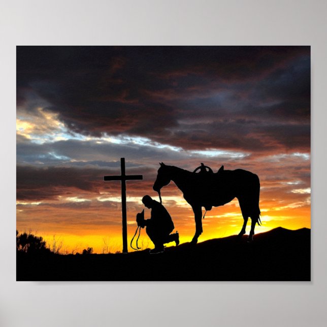 Póster Silueta De Oración De Vaquero Con Poster De Amanec (Frente)