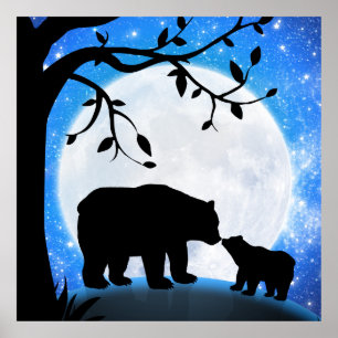 Póster Silueta de oso bebé y de luna de mamá bajo las est