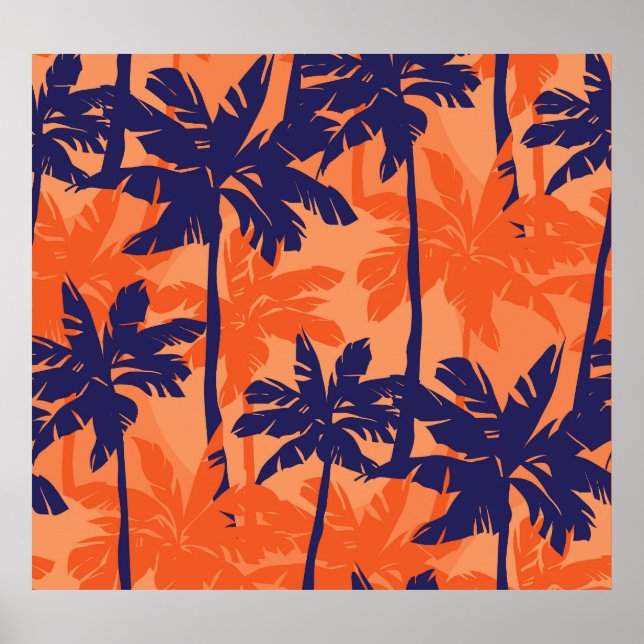 Póster Silueta de palmera azul, fondo naranja (Frente)