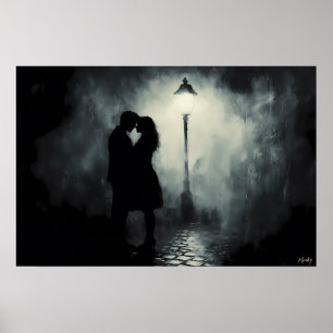 Póster Silueta de pareja romántica en farola brumosa