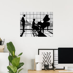 Póster Silueta de Piano Estilo Art Déco   Negro y Blanco