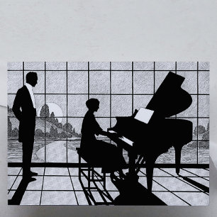 Póster Silueta de Piano Estilo Art Déco   Negro y Blanco