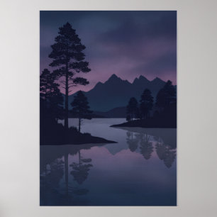 Póster Silueta de pino en lago de montaña al crepúsculo p