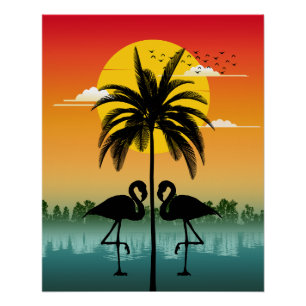 Póster Silueta de puesta de sol Amante de flamencos Vibra