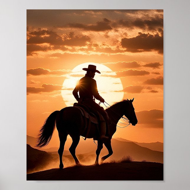 Póster Silueta de un vaquero a caballo al atardecer (Frente)