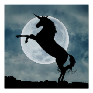 Póster Silueta de Unicornio Cielo Nocturno Luna Llena Bri