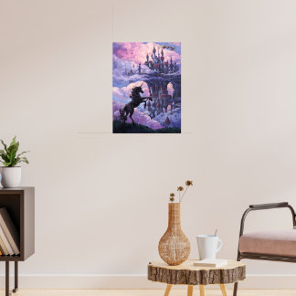 Póster Silueta de unicornio y castillo en nubes rosadas