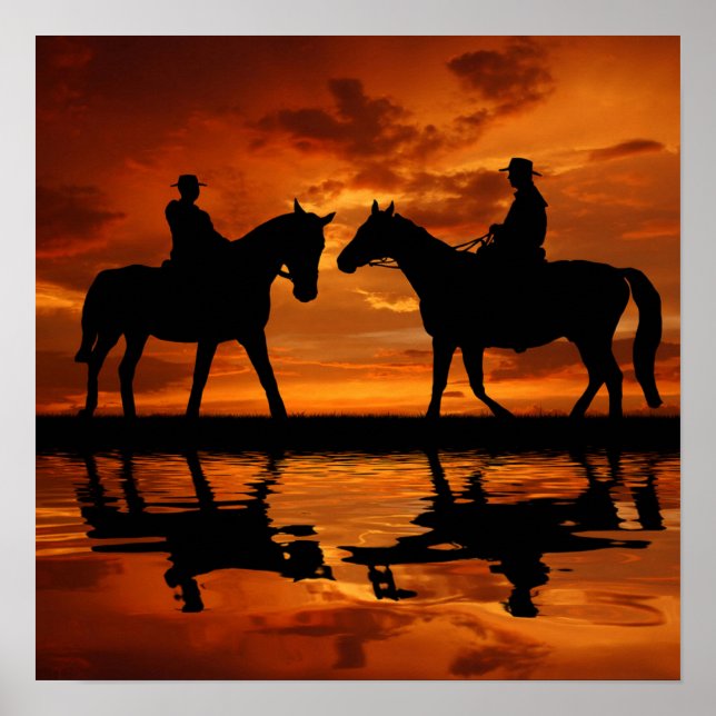 Póster Silueta de vaquero de Western Sunset Horseback (Frente)