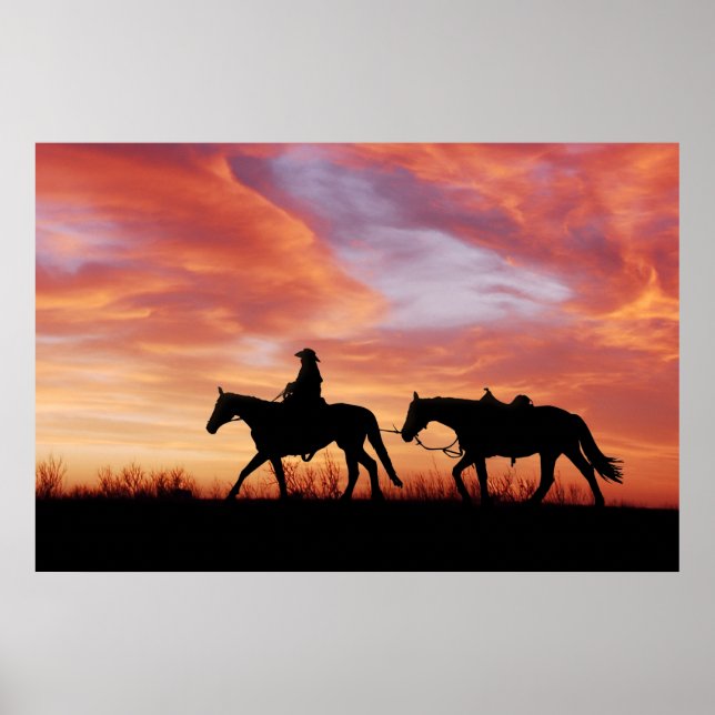 Póster Silueta de vaquero y caballo al atardecer (Frente)