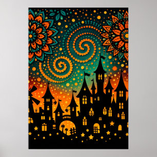Póster Silueta del Castillo de la Noche Mística