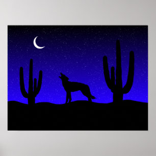 Póster Silueta del lobo aullador en la noche del desierto