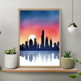 Póster Silueta del paisaje urbano en reflejo de la puesta