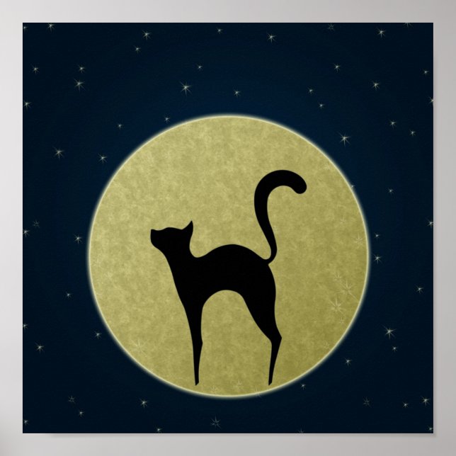 Póster Silueta elegante de gato negro y luna (Frente)