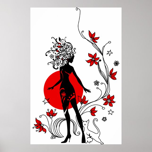 Póster Silueta elegante de una mujer elegante con gato du (Frente)