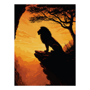 Póster Silueta majestuosa de león atardecer acantilado ár