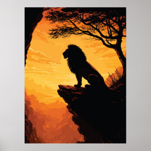Póster Silueta majestuosa de león atardecer acantilado ár