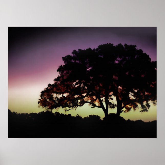 Póster Silueta morada de sol y roble (Frente)
