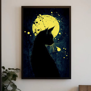 Póster Silueta negra de gato en una luna amarilla