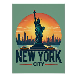 Póster Silueta retro de Nueva York con Estatua de la Libe