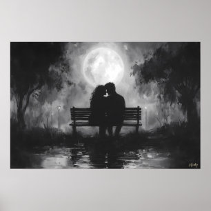 Póster Silueta Romántica a la Luz de la Luna en un Banco 