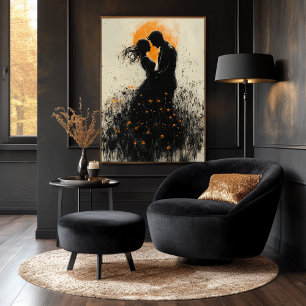 Póster Silueta Romántica con Resplandor Dorado y Flores S